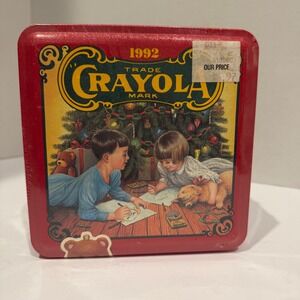 1992 Crayola Collectible Holiday Tin Box w Bear Ornament & 64 Crayons Sealed Tin